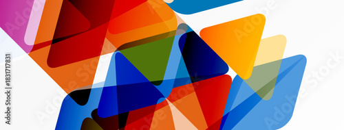 Abstract colorful shapes overlap. Vibrant triangles, rectangles create dynamic composition. Modern design, bright hues dominate white background.