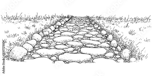 Stone pathway illustration of walkway path for background. Grass landscape view. Path made of stones and grass. Vector illustration.
