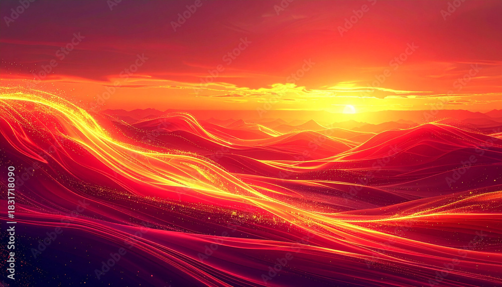 Obraz premium 燃えるような赤とオレンジの夕焼け空と波状の光