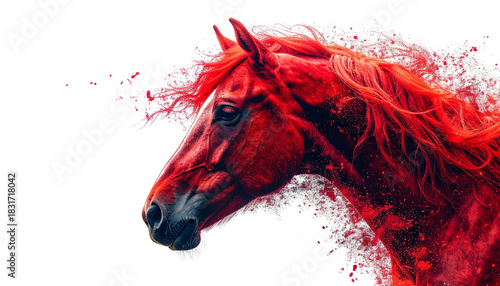Silhouette of a red wild horse's head on a white background
