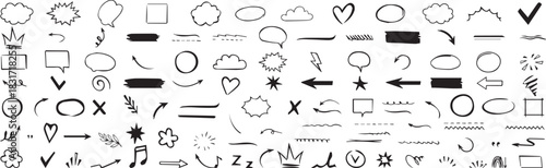 Scribble doodle underline emphasis line shape set. Hand drawn brush stroke elements line