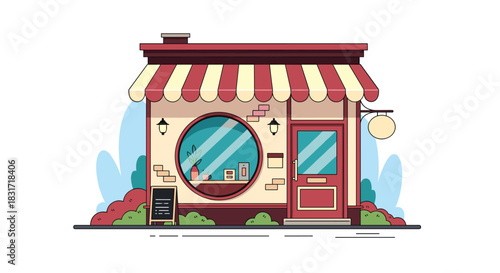 Cozy storefront cafe with a round window and striped awning sits on a quiet street under soft lights and lush shrubs inviting passersby to linger