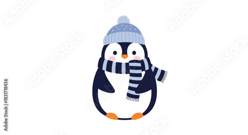 Charming penguin wearing a blue knitted beanie and striped scarf stands warmly in a winter scene with soft blue tones and friendly charm.