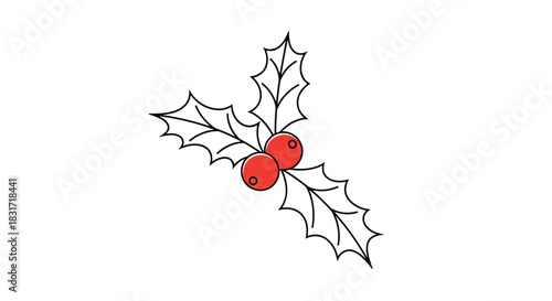 Holly sprig with glossy green leaves and bright red berries arranged in a festive cluster against a clean white background.