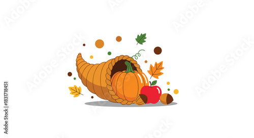 Seasonal cornucopia spills pumpkins apples and autumn leaves creating a warm festive harvest centerpiece for fall celebrations.