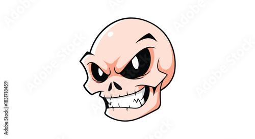 Intense stylized skull illustration with a wide grin and bold black eye sockets that conveys a fearless Halloween character.