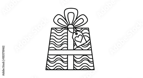 Wrapped gift box with a large ribbon bow and a heart shaped tag appears ready for a celebration and sharing joy with someone special.