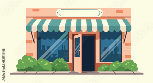 Storefront with a striped green and white awning and an open door invites customers to explore the cozy shop while lush greenery frames the sidewalk.