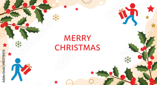 Festive christmas border design with holly branches red berries glowing stars and gift icons surrounding a central merry christmas message.