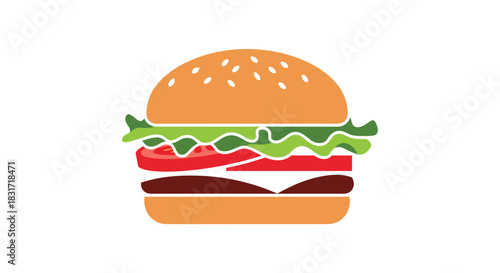 Delicious hamburger illustration showing a sesame bun with lettuce tomato cheese beef patty and savory sauce stacked into a classic sandwich.