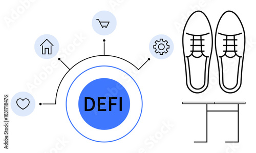 DEFI core surrounded by icons representing home, shopping, heart, gear, shoes. Ideal for technology, finance, blockchain innovation economy lifestyle connectivity. Simple flat metaphor