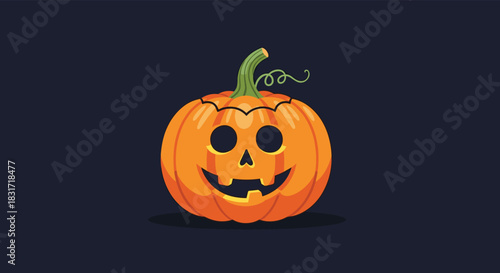 Playful jack o lantern sits on a dark background with a carved grin glowing softly and a curling green stem adding spooky charm to the scene.