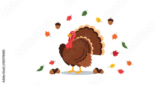 Proud turkey stands in a vivid autumn scene with a fanned tail and scattered leaves and acorns around its feet as vibrant plumage lights the tranquil yard.