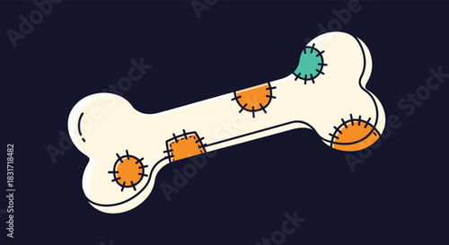 Stylized bone illustration shows a cartoon dog bone decorated with colorful stitched patches against a deep navy background.