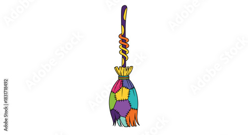 Vivid patchwork broom with a twisted purple handle and a multicolored stitched tassel shimmering with bright segments across the bristles.
