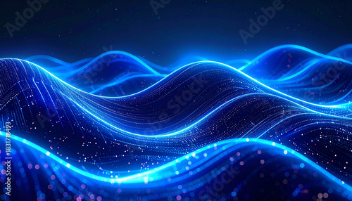 Fototapeta Naklejka Na Ścianę i Meble -  青い光の波が輝く夜空のデジタル抽象背景