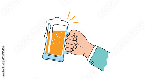 Raising a tall foamy beer mug in a cheerful toast as a supportive hand firmly grips the glass during a festive moment of camaraderie and celebration.