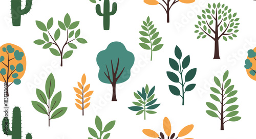A charming illustration of various plants and trees with a white background.