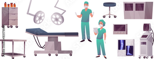 Vector set of operating room equipment, furniture, and medical staff.