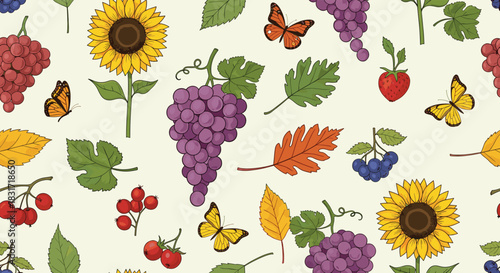 A colorful autumn harvest pattern featuring sunflowers, grapes, berries, strawberries, and butterflies.