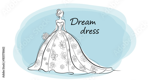 Line art illustration of a bride in a ball gown holding a bouquet with the words dream dress.