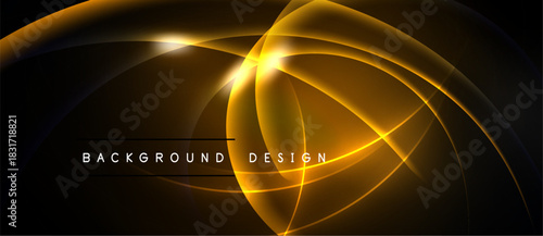 Abstract golden lines create dynamic flow. Bright center radiates energy against dark backdrop. Modern design element.
