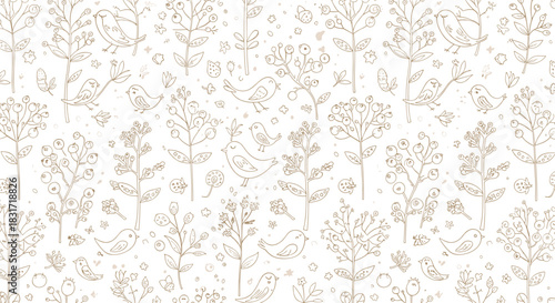 Seamless pattern of sketched birds perched on branches with berries and leaves.