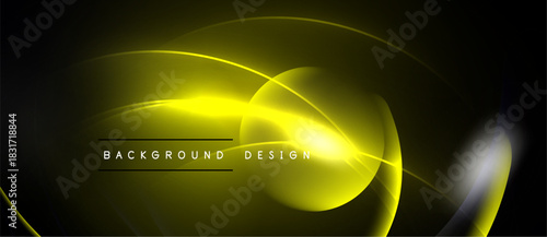 Abstract yellow lines form dynamic curves. Dark background enhances glowing effect. Text reads background design. Modern, sleek visual presentation.