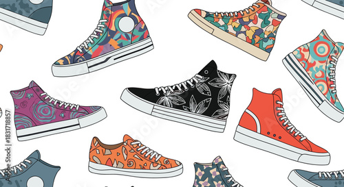 A seamless pattern of colorful, high-top sneakers with various artistic designs.
