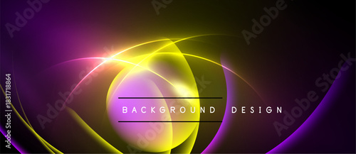 Abstract purple, yellow glow. Dynamic curves create modern background design. Bright light radiates from center. Smooth gradients present energy.