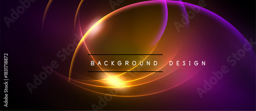 Abstract neon lines create vibrant circular shapes. Bright yellow center radiates outward, purple hues dominate edges. Modern design element.