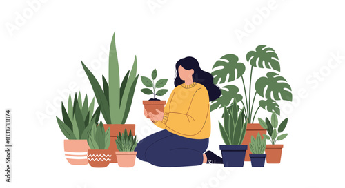 Woman kneeling and tending to a variety of potted indoor plants surrounded by lush greenery.