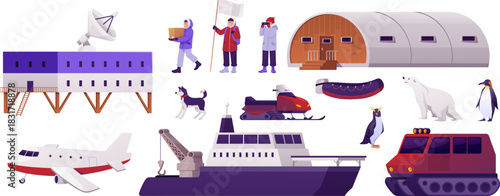 Polar expedition station elements flat vector set, ice breaker, buildings, caterpillar, snowmobile, Polar bear, penguin