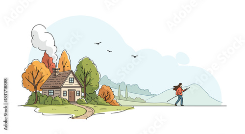 Person walking with a stick across rolling hills near a house with smoking chimney.