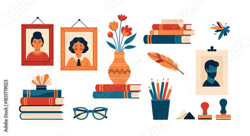 Collection of vintage objects including portraits, books, a vase with flowers, a quill, pencils, glasses, and stamps.