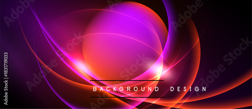Abstract vibrant design features flowing curves, pink hues, orange accents. Dark background emphasizes luminous shapes, creating dynamic visual impact.