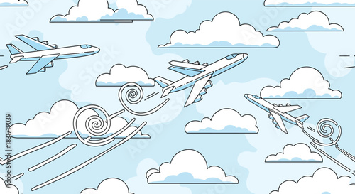 Airplanes flying through clouds and turbulent wind currents in a stylized sky scene.