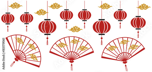 Chinese New Year Elements Set with Red Lanterns and Fans
