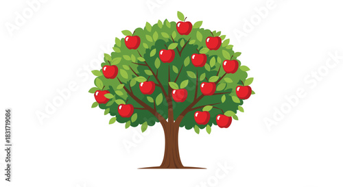 A stylized cartoon illustration of a vibrant green apple tree laden with bright red apples.