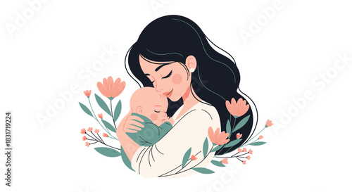 Illustration of a mother gently holding her sleeping baby surrounded by soft coral flowers.