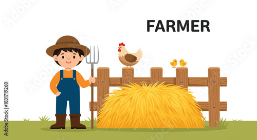 Cartoon farmer with pitchfork standing next to a haystack with chickens on a fence.