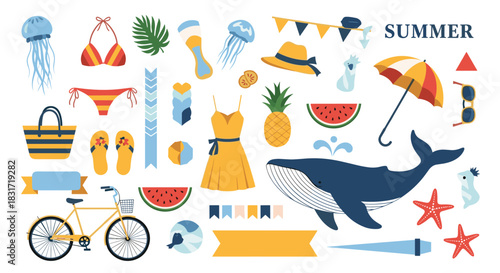 Collection of summer vacation and beach themed illustrations with playful graphics.