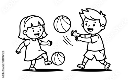 Happy children playing with beach balls in black and white cartoon style