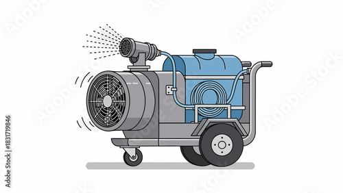 Cartoon Fogging Machine On Wheels, Illustration For Sanitization Service