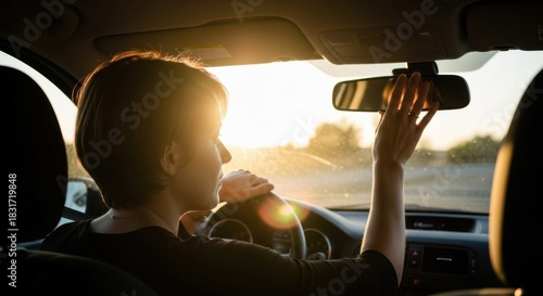 Person adjusting rearview mirror while driving in bright sunlight.