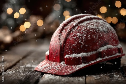 Red hard hat dusted with snow sits on rustic wooden surface, fes
