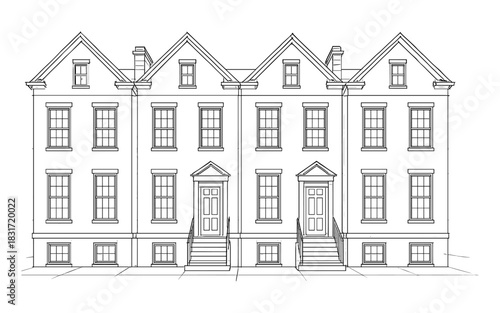 Traditional townhouse architectural design with detailed linear lines