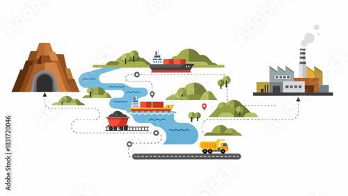 Coal Industry And Transportation Route Illustration In Flat Design Style
