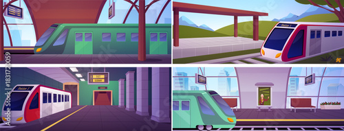 A set of banners featuring trains arriving at open, closed, and underground platforms.