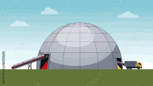 Dome Structure With Conveyor Belt And Truck Against Cloudy Sky